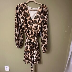 NY and Company Leopard Animal Mini Dress Belted Long Sleeve Sz L Stretch Waist